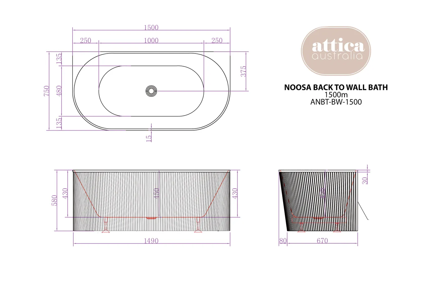 Attica Noosa 1500 Gloss White BTW Multi-fit Bath - Image 2