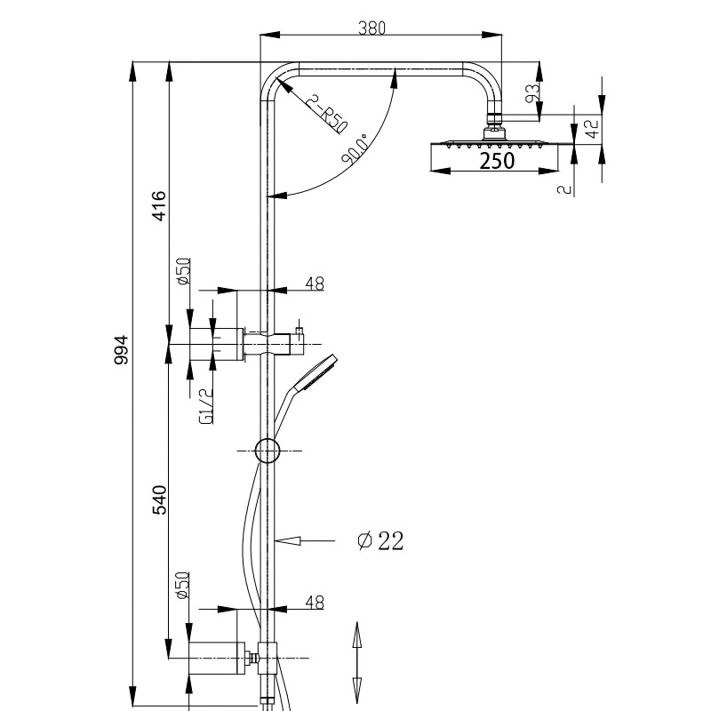 BKSR203 – RUND SLIDING MULTIFUNCTION HAND SHOWER WITH 250MM OVERHEAD RAIN SHOWER - Image 2