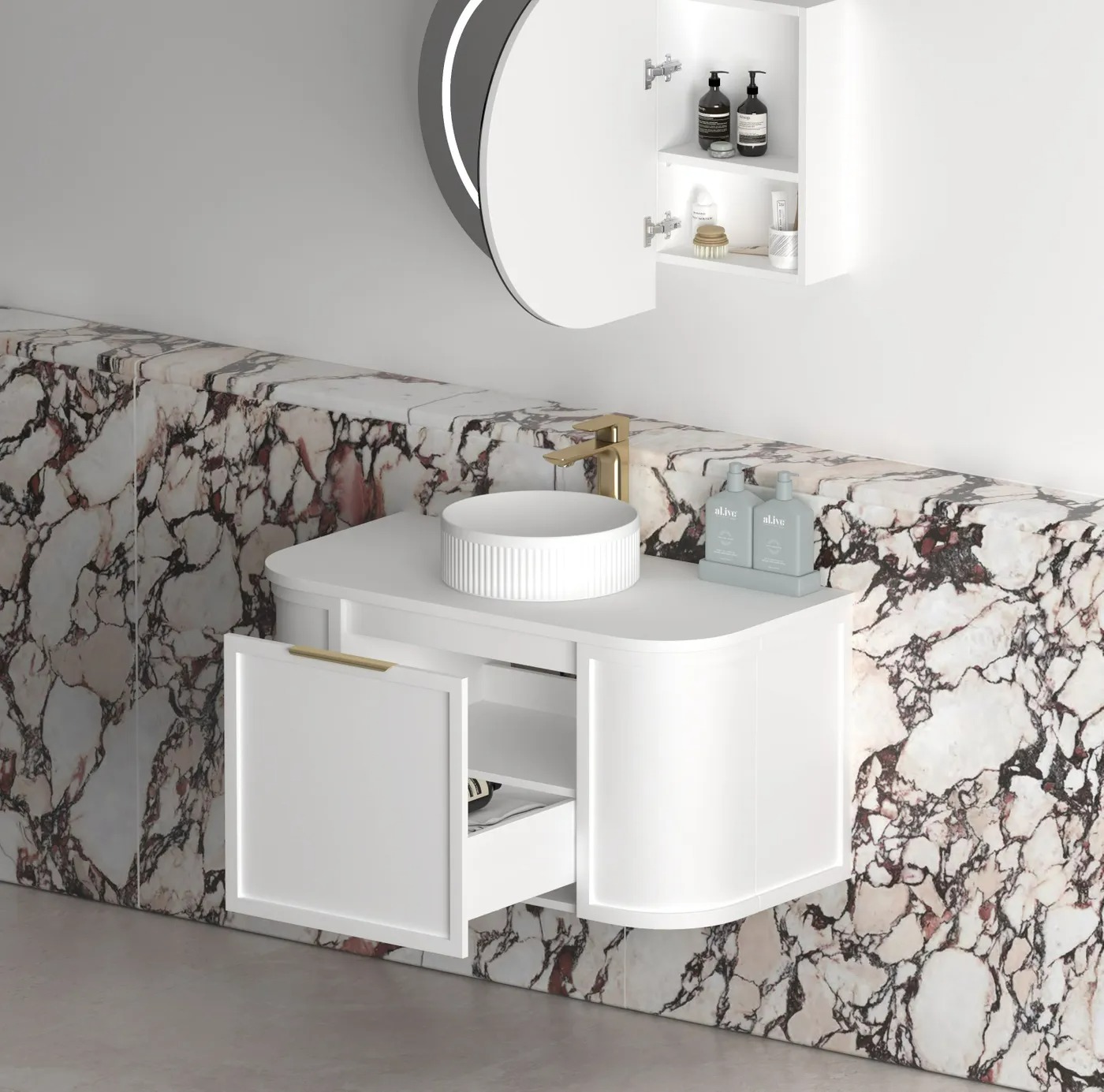 Hampshire 900mm Satin White Wall Hung Curve Vanity Only - Image 3