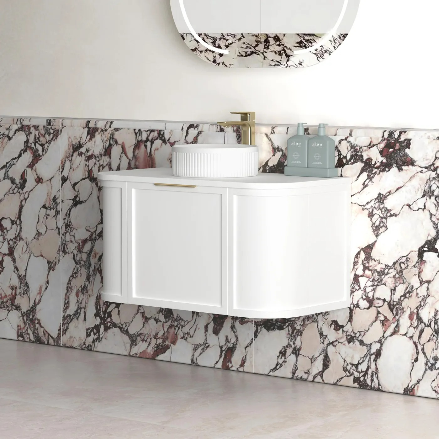 Hampshire 900mm Satin White Wall Hung Curve Vanity Only - Image 2