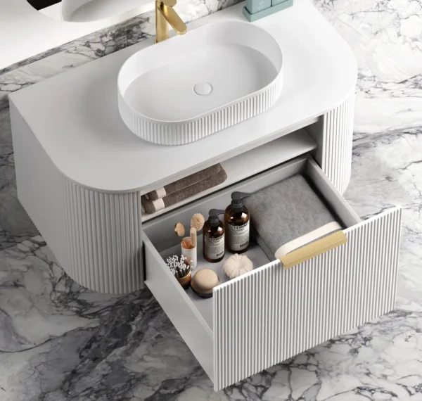 Bondi 750mm Satin White Fluted Wall Hung Curve Vanity (12TH & NTH Only) - Image 2