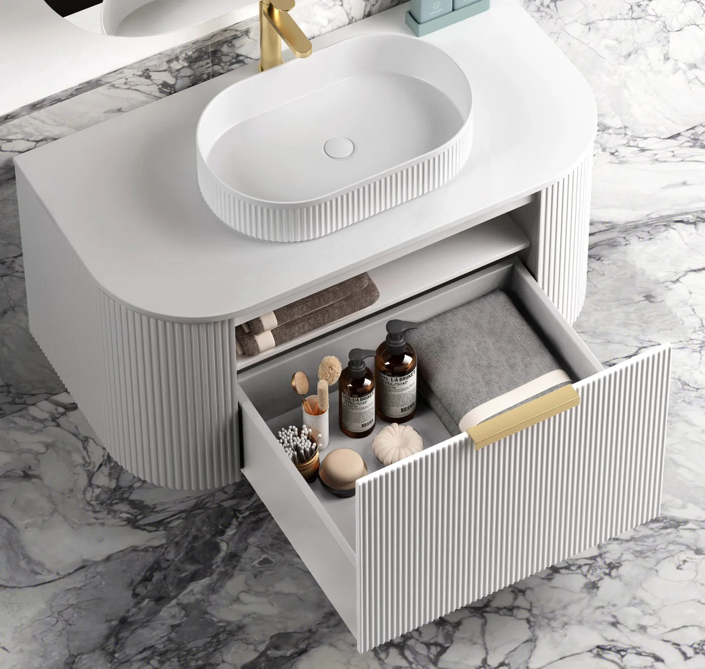 Bondi 750mm Satin White Fluted Wall Hung Curve Vanity (12TH & NTH Only) - Image 2