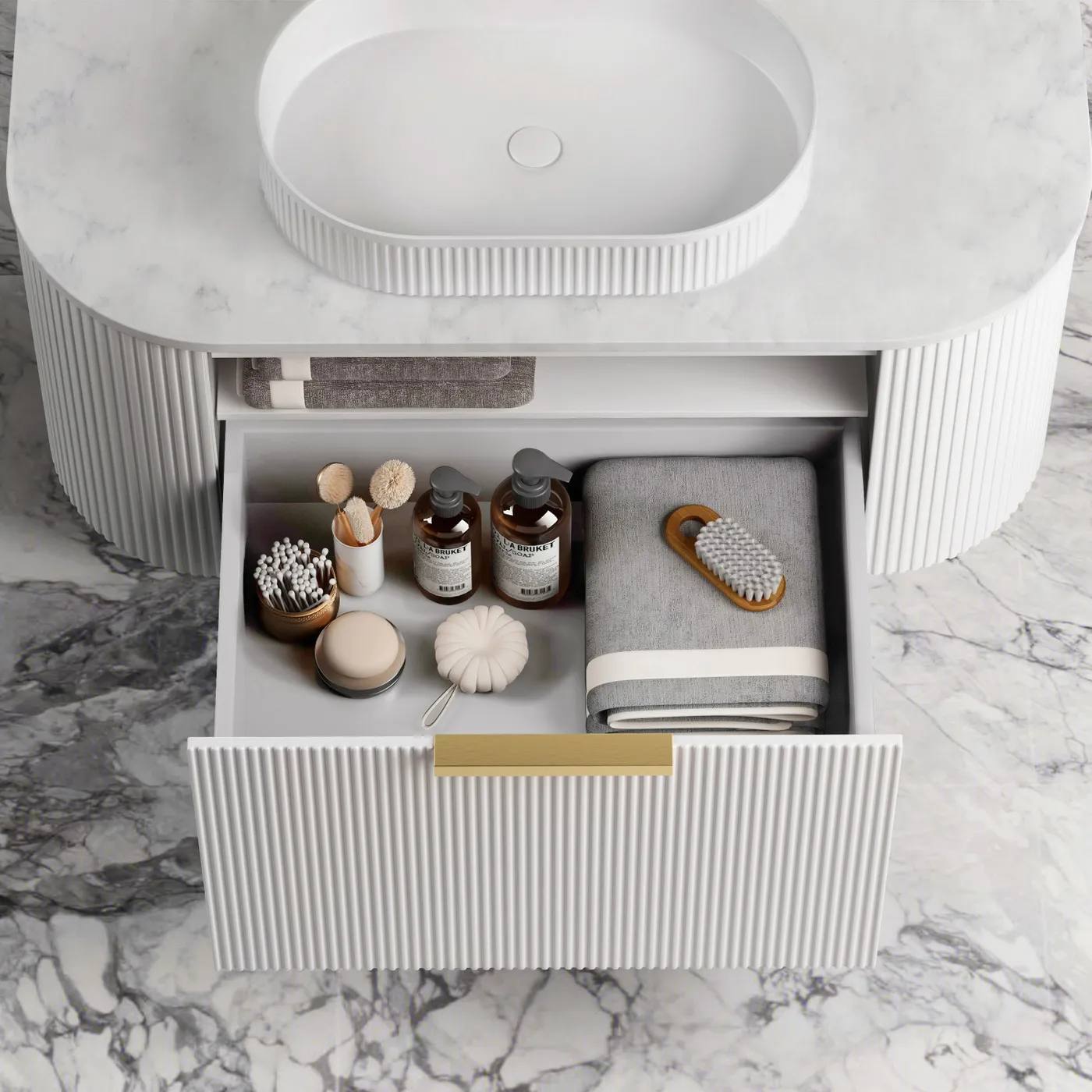 Bondi 750mm Satin White Fluted Wall Hung Curve Vanity (12TH & NTH Only) - Image 3
