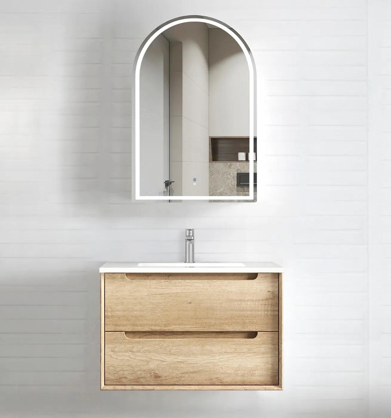 Byron 750mm Natural Oak Wall Hung Vanity Including Ceramic Basin - Image 3