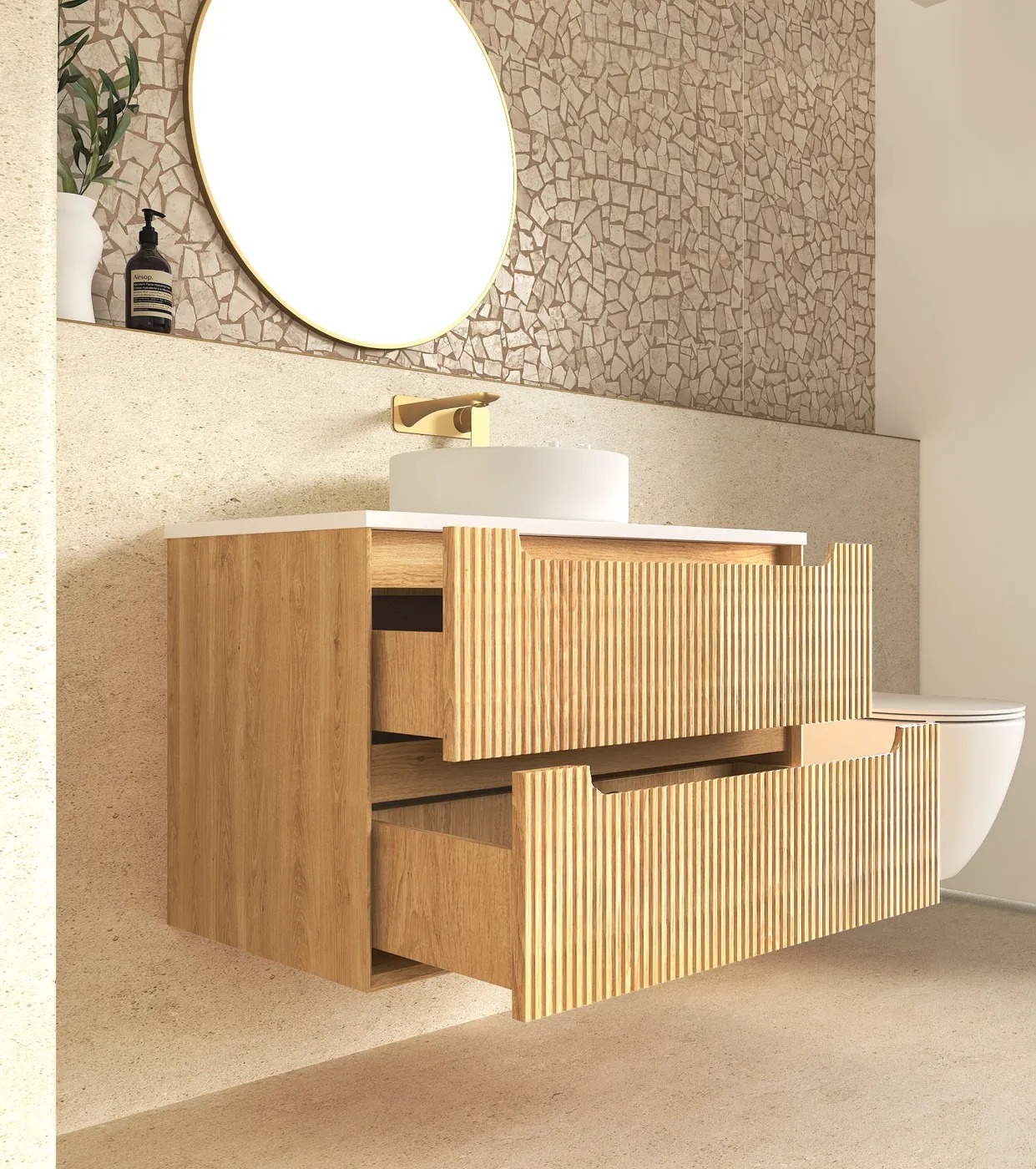 Byron Fluted 900mm Woodland Oak Wall Hung Vanity Including Undermount Basin - Image 3